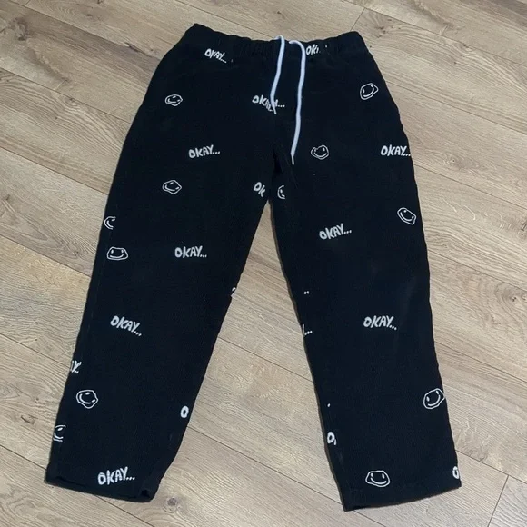 UO Smiley Faces Embroidered Corduroy Black Pants Unisex Size Small NWOT - Picture 5 of 12